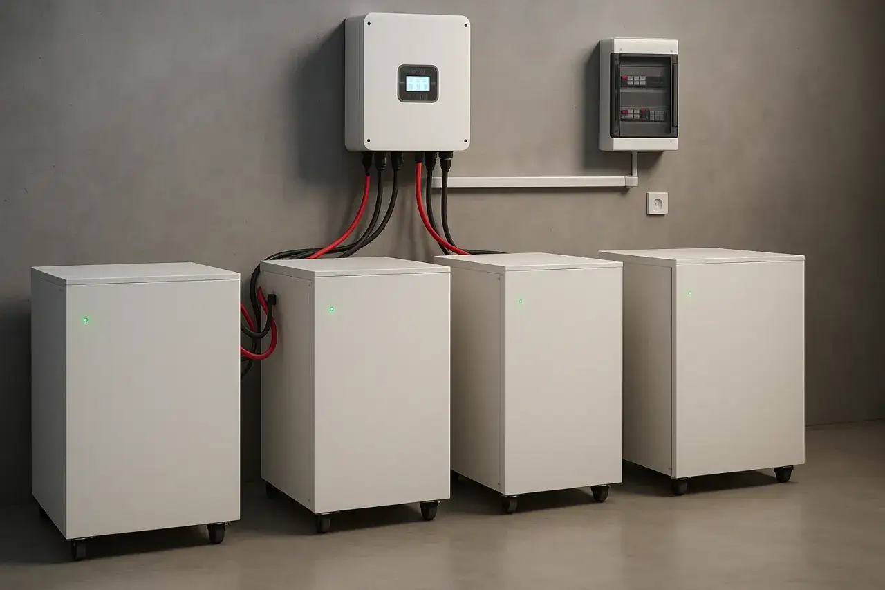 Cztery białe moduły, podłączone do falownika, to różne rodzaje magazynów energii.