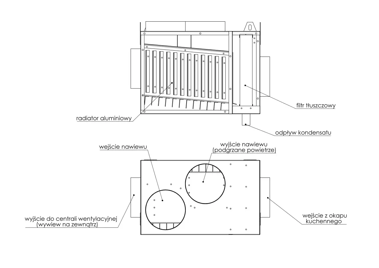 Schemat rekuperacji z okapem kuchennym. Widoczne elementy: filtr tłuszczowy, radiator aluminiowy, odpływ kondensatu, wejścia i wyjścia powietrza.