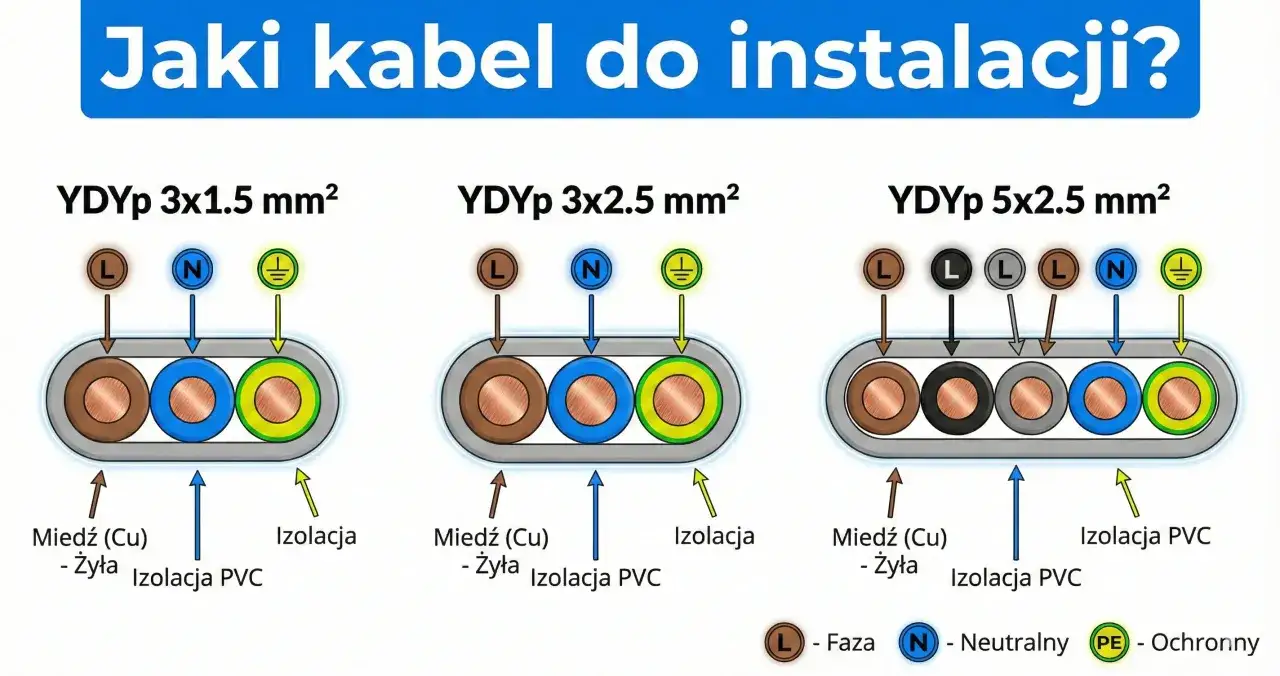 Por&oacute;wnanie przekroj&oacute;w żył kabli YDYp: 3x1.5 mm&sup2;, 3x2.5 mm&sup2; i 5x2.5 mm&sup2;. Każdy przew&oacute;d ma miedzianą żyłę i izolację PVC.