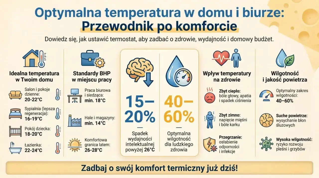Jaka temperatura w domu zimą? Optymalna dla salonu to 20-22&deg;C, a dla sypialni 16-19&deg;C. Zadbaj o komfort termiczny!