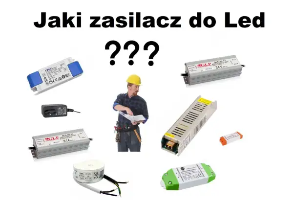 Jaki zasilacz do Led? Różne zasilacze LED, od małych kostek po większe obudowy, z budowlańcem w tle.