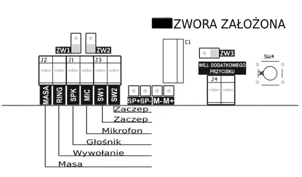 Schemat podłączenia domofonu w bloku 6 żył. Pokazuje połączenia MASA, RING, SPK, MIC, SW1, SW2 oraz wejście dodatkowego przycisku.