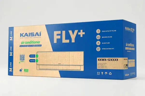 Opakowanie klimatyzatora Kaisai Fly+ z informacją o zużyciu prądu.