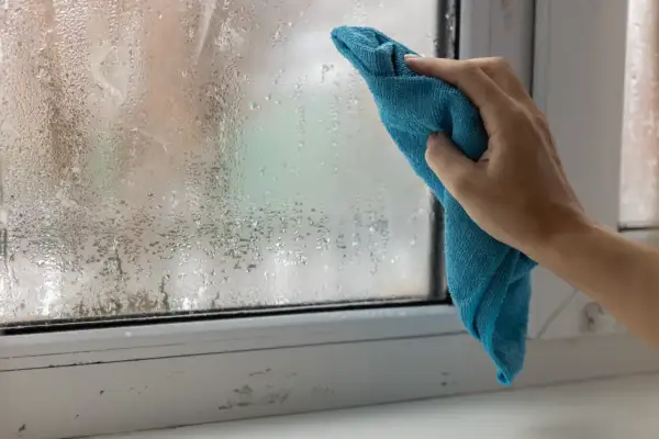 Ręka z niebieską ściereczką wyciera zaparowane okno. Skraplająca się woda na szybie to znak, że trzeba pomyśleć, jak pozbyć się wilgoci w pokoju.