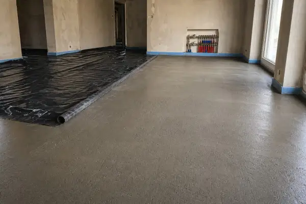 Świeża wylewka na ogrzewaniu podłogowym schnie. Czekamy, aż będzie gotowa do dalszych prac.