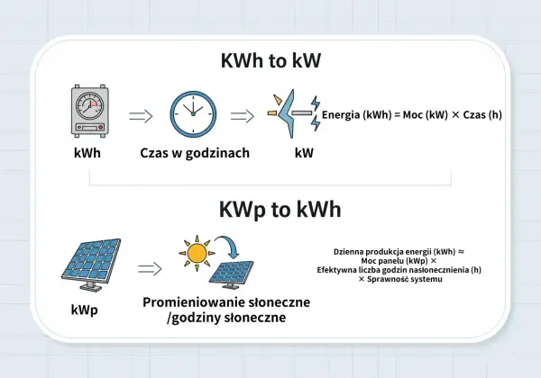 Wykres pokazuje, jak obliczyć energię (kWh) z mocy (kW) i czasu (h) oraz dzienną produkcję energii (kWh) z mocy panelu (kWp) i godzin słonecznych.