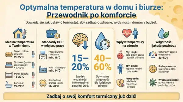 Jaka temperatura w domu zimą? Optymalna dla salonu to 20-22°C, a dla sypialni 16-19°C. Zadbaj o komfort termiczny!