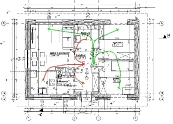 Plan mieszkania z zaznaczonymi kanałami wentylacyjnymi. Schemat rekuperacji pokazuje przepływ powietrza w salonie, kuchni, łazience i sypialni.