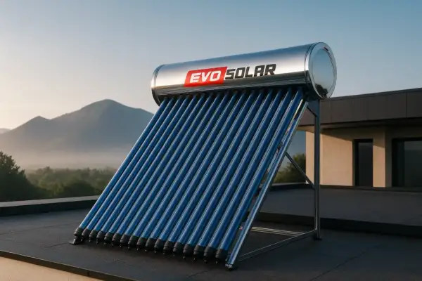 Kolektor słoneczny EVO SOLAR na dachu. To urządzenie, które wykorzystuje energię słoneczną do podgrzewania wody.