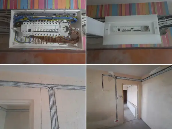 Nowy rozdzielacz i przewody elektryczne w bloku. Trwa wymiana instalacji elektrycznej, widać nowe zabezpieczenia i uporządkowane okablowanie.