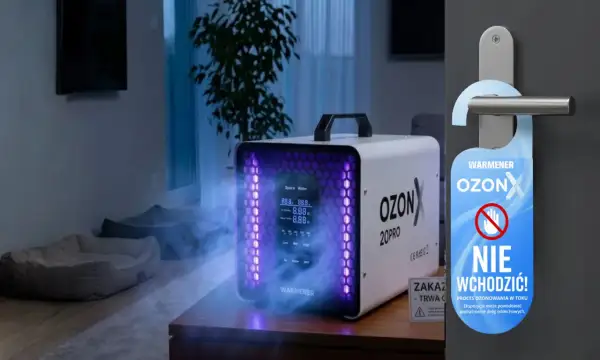 Ozonator Warmener OzonX w akcji. Urządzenie służy do dezynfekcji powietrza, co potwierdza tabliczka "Nie wchodzić!".